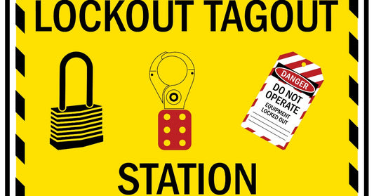 A yellow and black lockout tagout station sign. There are images of various locks and warnings on the sign's face.