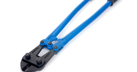 A pair of large, blue painted bolt cutters against a white background. The bolt cutters have black rubber handles.