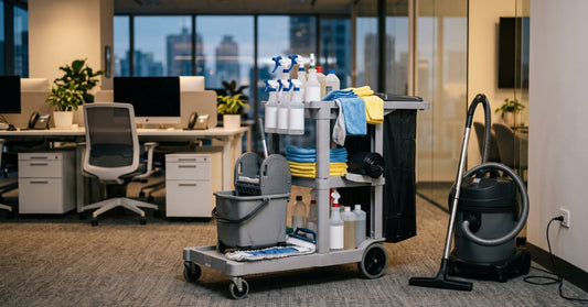 A janitor's cart inside of an office space. There is a mop bucket, multiple spray bottles, and cleaning supplies available.