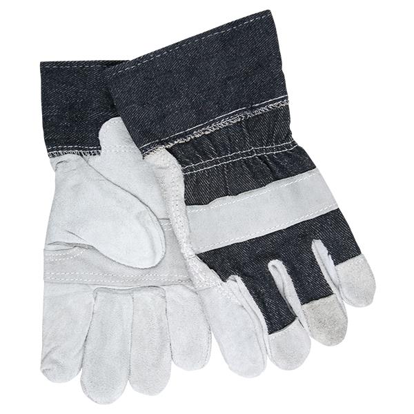 MCR Safety Industry Standard Leather Palm Gloves, Economy Grade, Patch Palms, 2 1/2" Denium Cuffs, Large, Blue/Gray, 12/Pair