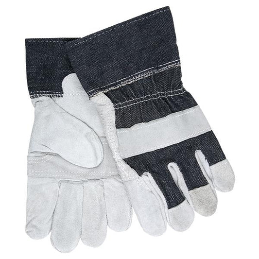 MCR Safety Industry Standard Leather Palm Gloves, Economy Grade, Patch Palms, 2 1/2" Denium Cuffs, Large, Blue/Gray, 12/Pair