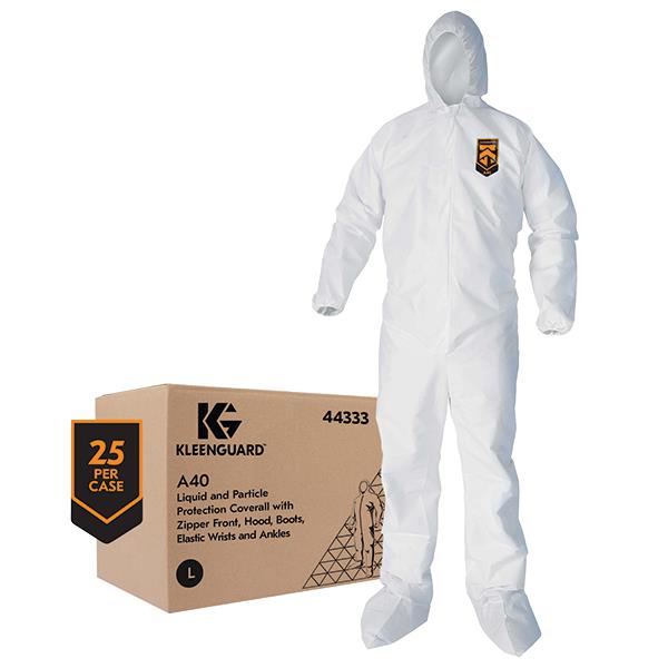 KleenGuard A40 Liquid & Particle Protection Coveralls w/ Hood, Boots, & Elastic Wrists, Large, White, 25/Case