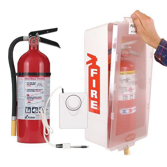 5 lb ABC Pro Line Fire Extinguisher w/ Mark I Jr. Cabinet (White Tub/Clear Cover) & Cabinet Alarm