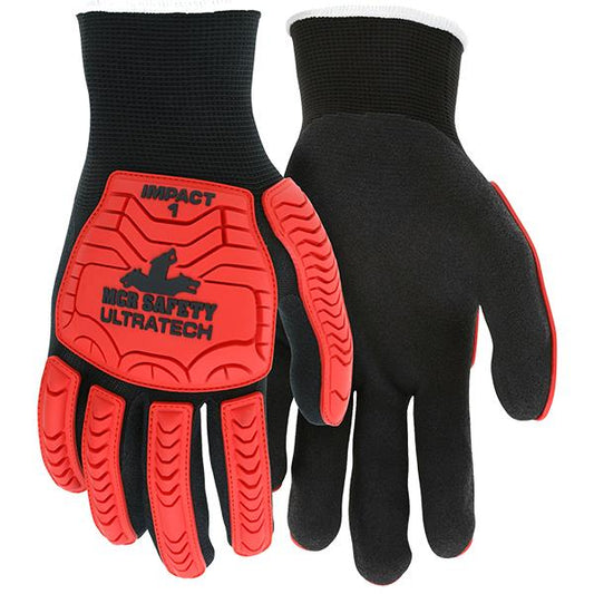 MCR Safety UltraTech Mechanics Gloves, Large, Hi-Vis Red/Black, 12/Pair