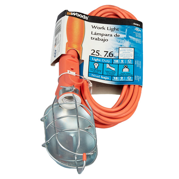 Southwire® Trouble Light w/ Outlet, & Metal Guard, 18 ga, 25', Orange, 1/Each