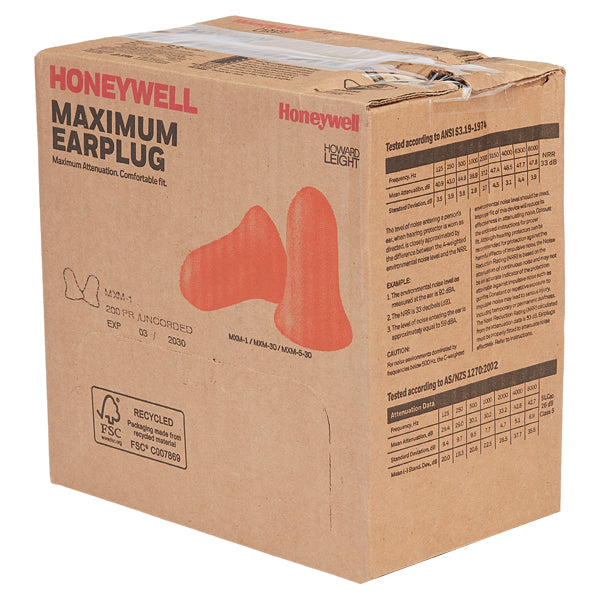 Honeywell Howard Leight Maximum Single-Use Earplugs, Uncorded, 200/Box