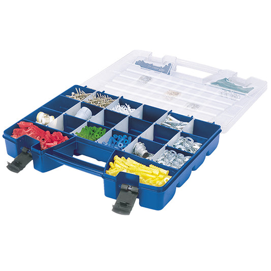 Akro-Mils® Portable Storage Organizer, 62 Compartments, 18 1/2"L x 3 3/8"H x 13 1/8"W, Blue/Clear, 1/Each