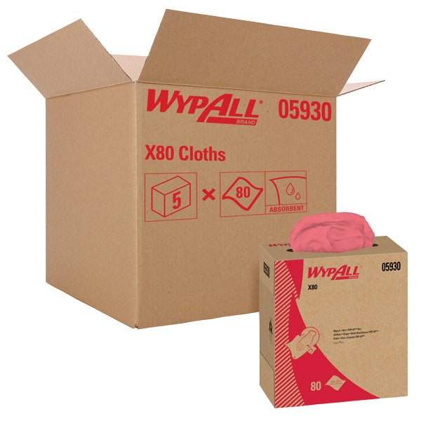 WypAll* X80 Towels, Pop-Up Box, 9" x 16 13/16", Red,  5 Boxes/80 Each