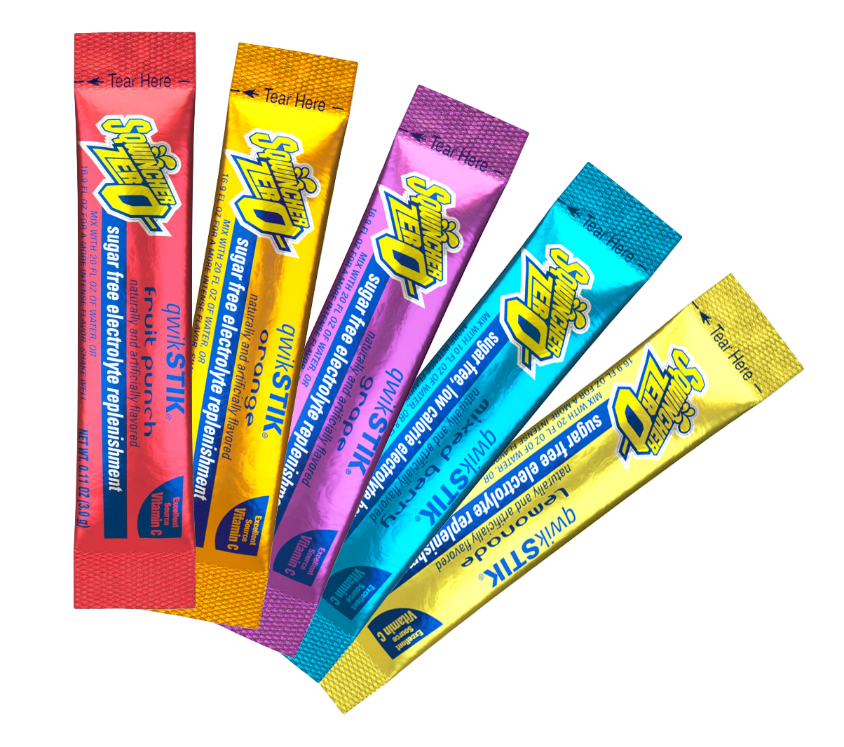 Sqwincher Qwik Stik Zero Single Serve, 0.11 oz Packs, 20 oz Yield, Assorted Flavors